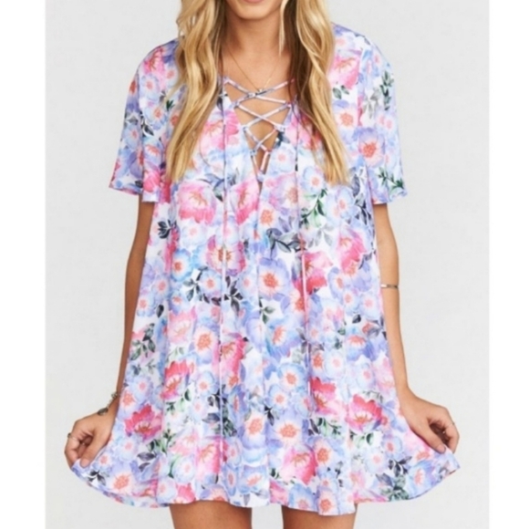 Show Me Your MuMu Kylie Floral Lace-Up Boho Flowy Vacation Mini Dress XS (0-2) - Picture 4 of 14